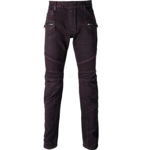 Balmain Paris Men's Denim Biker Moto Jeans Burgundy Size 32x30